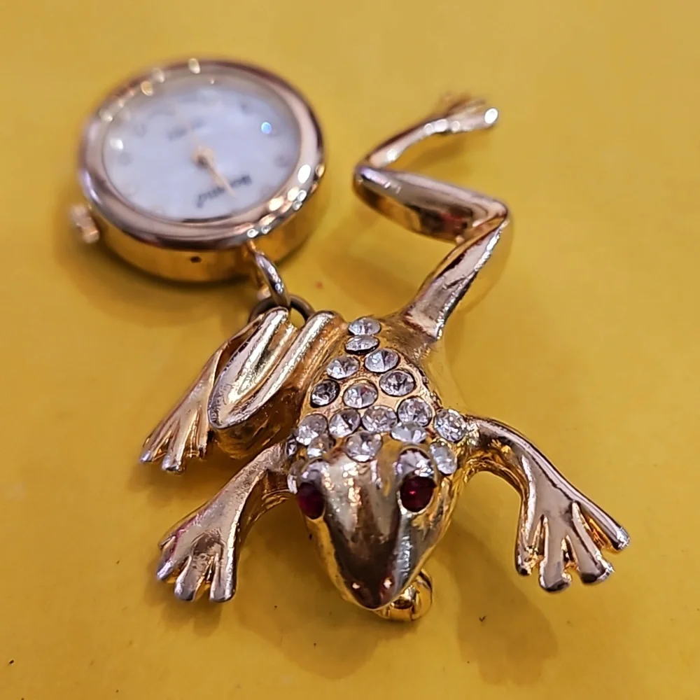 BONETTO CRYSTAL FROG WATCH BROOCH Vintage‎ TCU